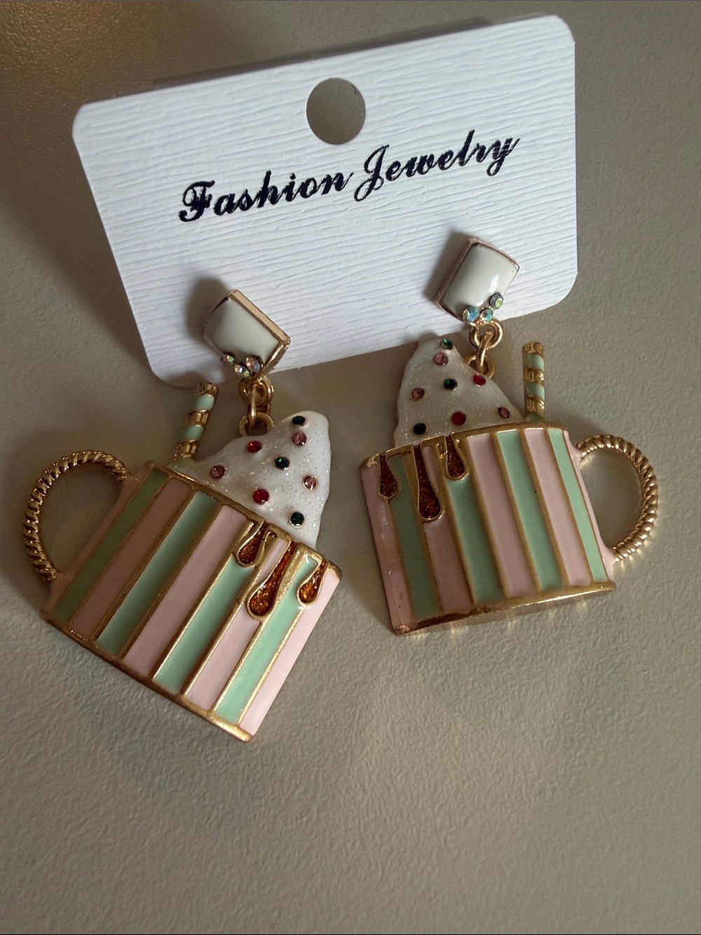 Fashion Jewelry Pastel Pink & Mint Mug Drop Earrings with Whipped Cream